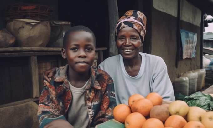 Smiling family sitting outdoors, holding fruit at table generated by artificial intelligence
